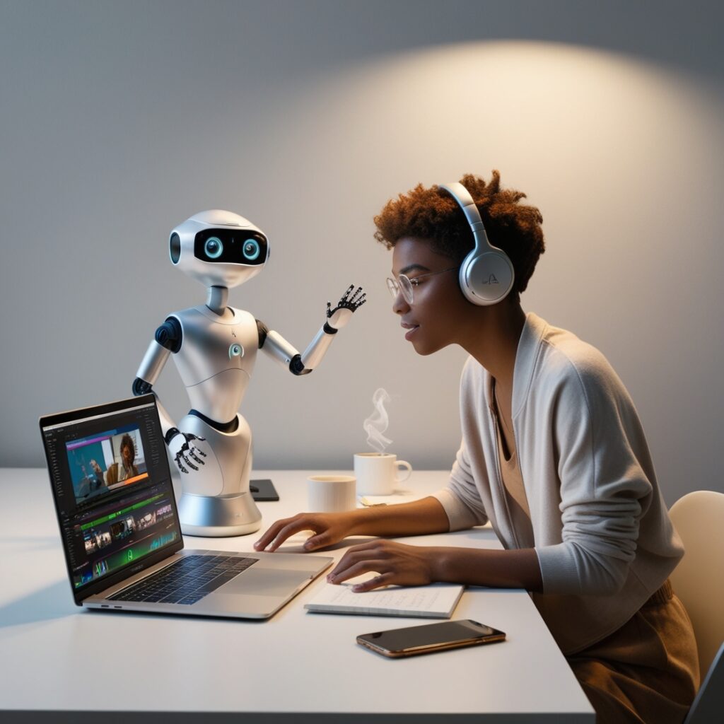 a woman sitting at a desk with a robot