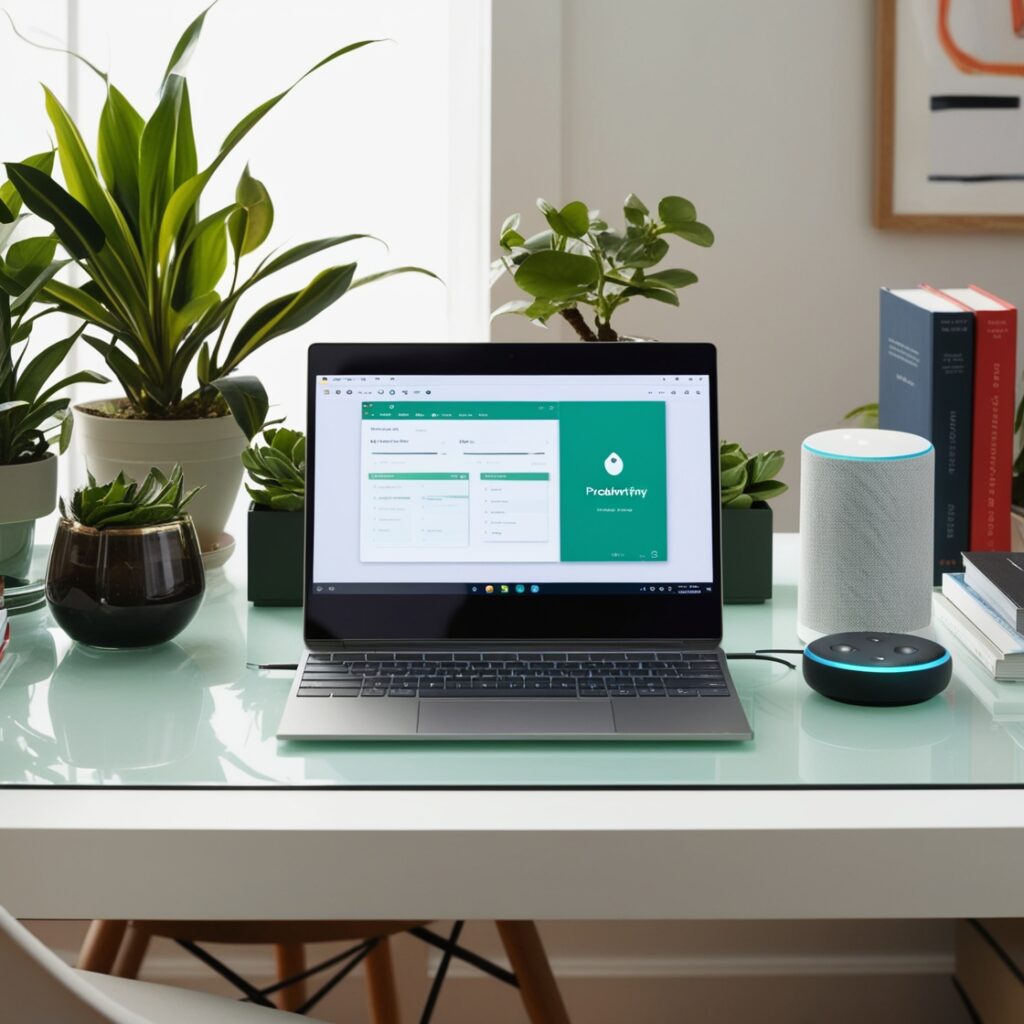 a laptop on a table with a smart speaker and books