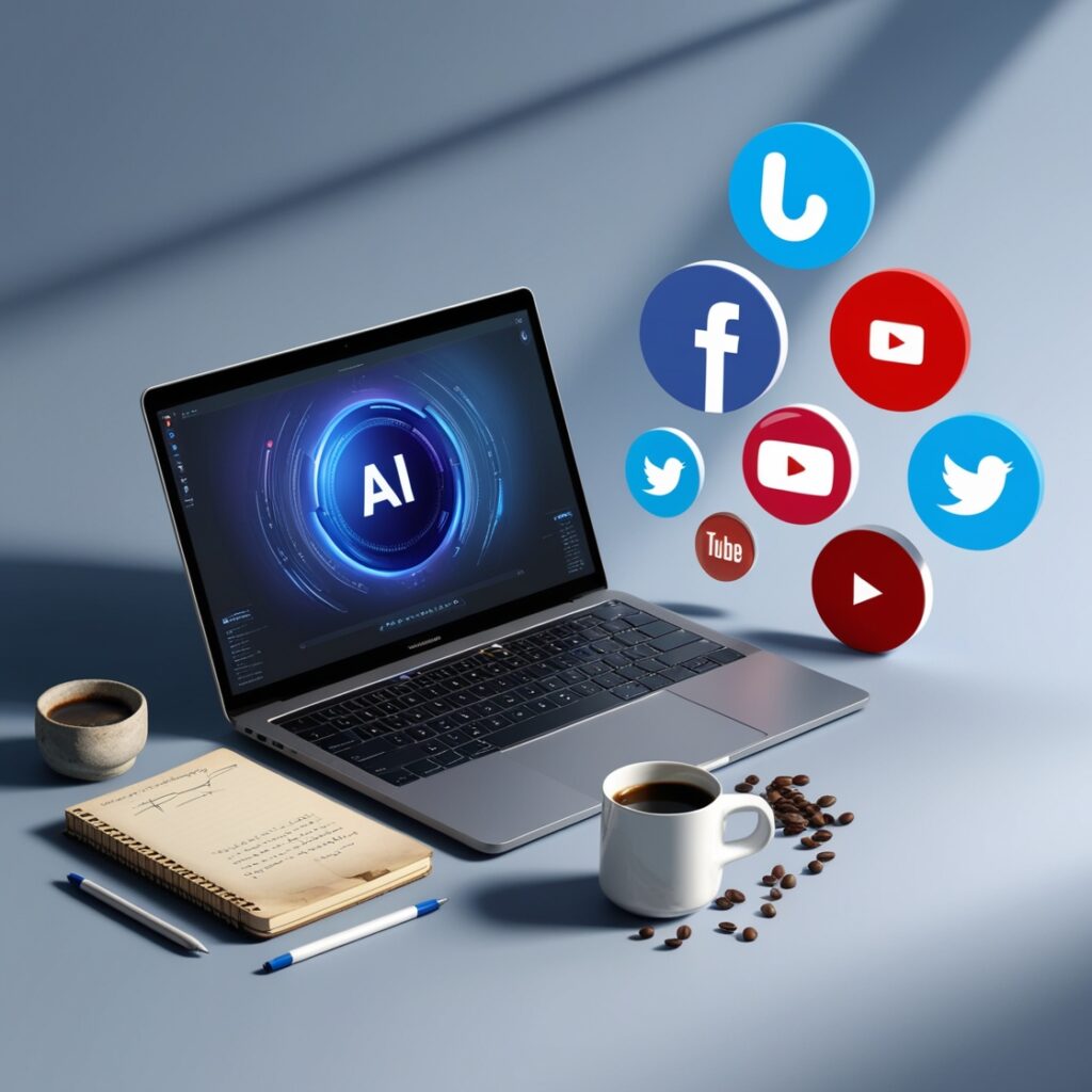 a laptop and coffee mug with icons flying out of it