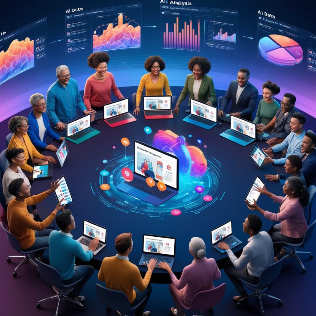 a group of people around a table with laptops