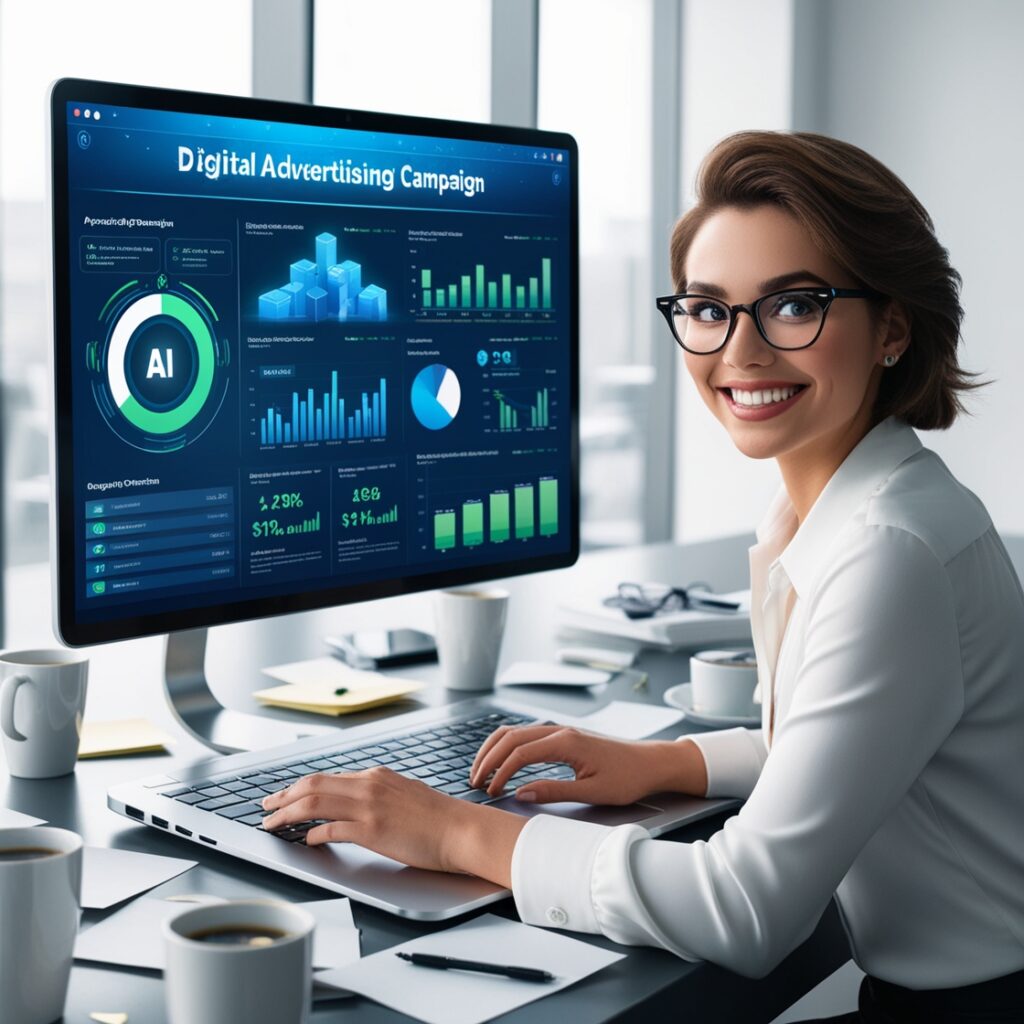 a woman sitting at a desk with a computer