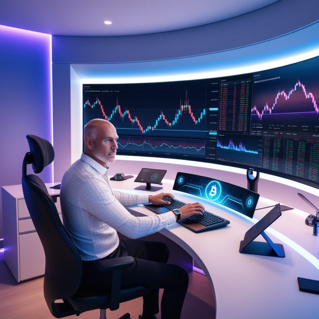 a man sitting at a desk with multiple screens
