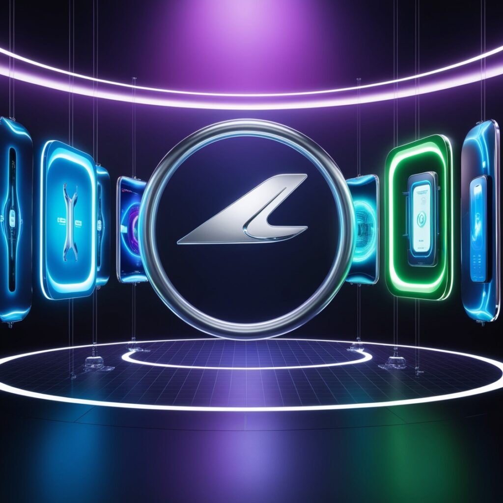a round silver circle with a logo in the middle of a room with neon lights